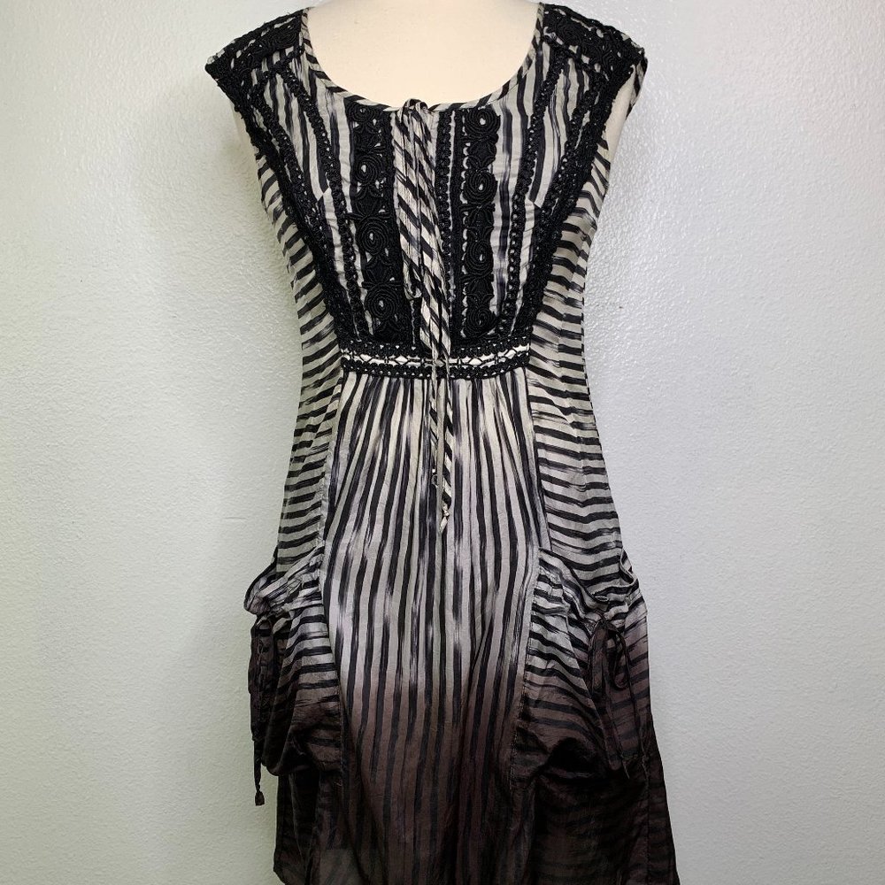 Anthro Nanette Lepore Striped Ombre Silk Dress Crochet Overlay Gray Black